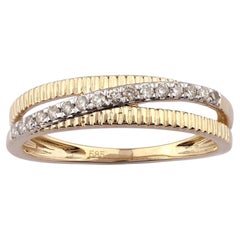 14K Yellow Gold Round Cut Diamond Ribbed Crossover Ring