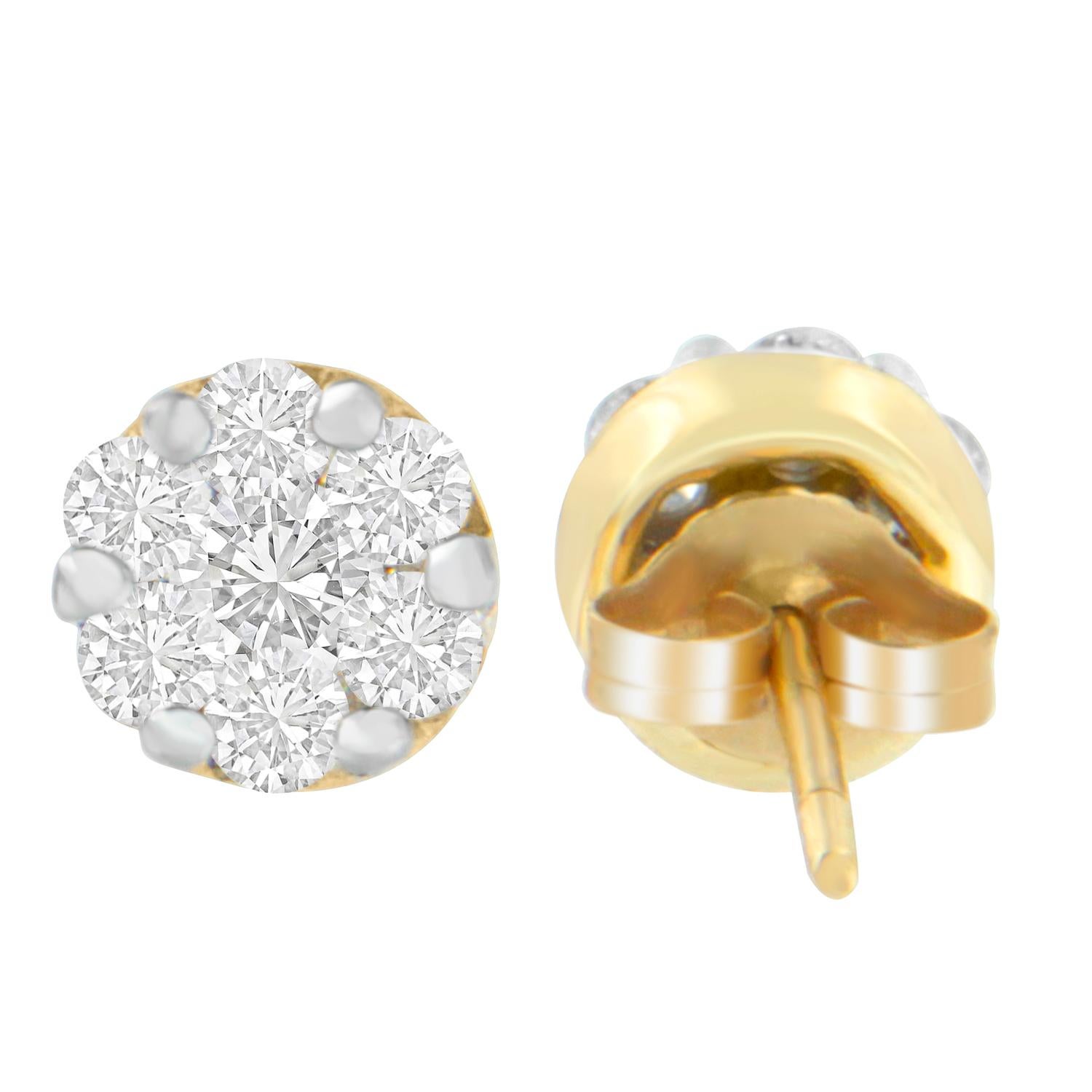 Make a statement with these amazing 3/4 carat round diamond cluster stud earrings, crafted of beautiful 14-karat heart Yellow gold. These incredible earrings will give you that classy look that you've always wanted. Wear it up for a casual everyday