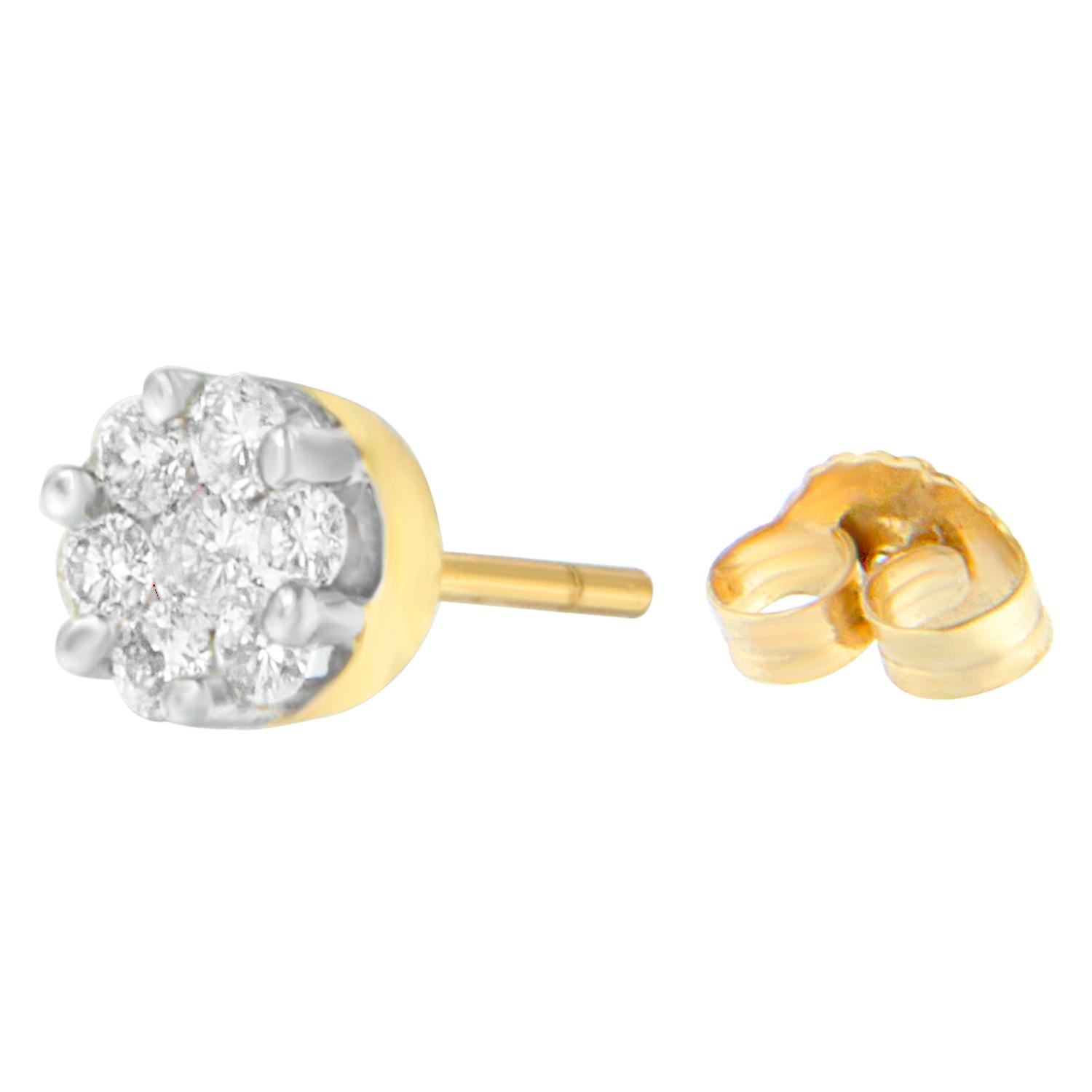 Modern 14K Yellow Gold .75 Carat Round-Cut Diamond Cluster Earrings For Sale