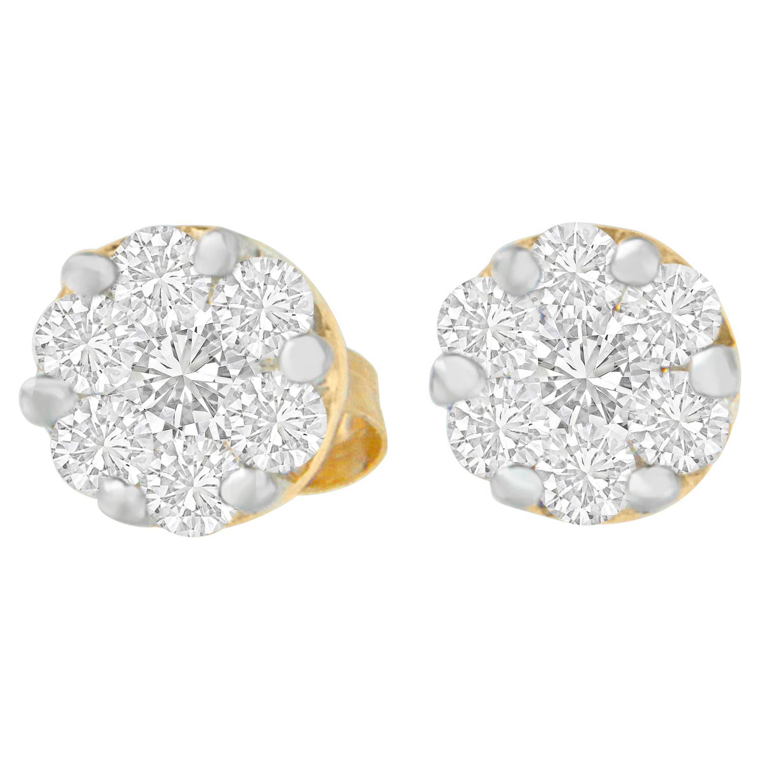 14K Yellow Gold .75 Carat Round-Cut Diamond Cluster Earrings For Sale
