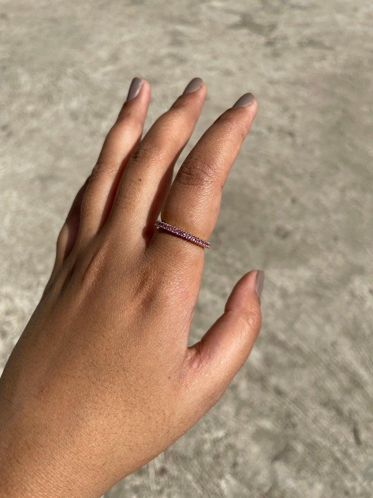 For Sale:  14K Yellow Gold Round Cut Pink Sapphire Birthstone Eternity Band for Women 2