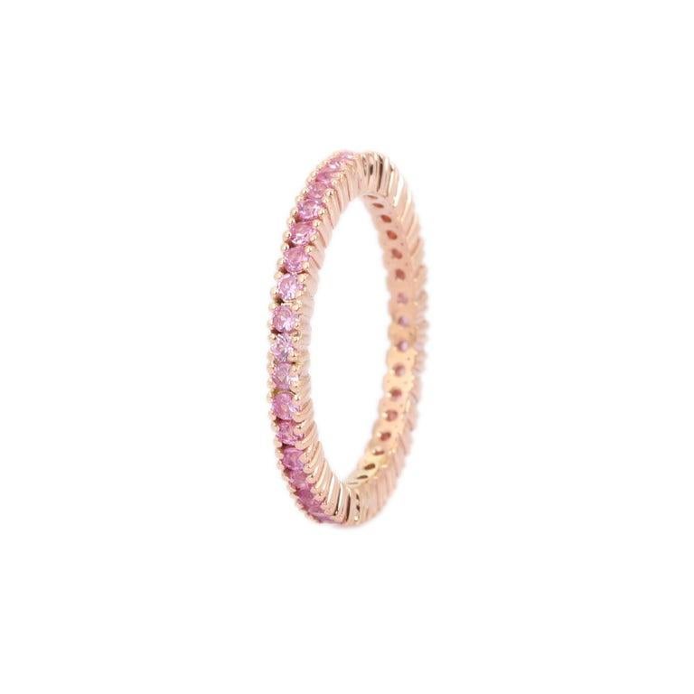 For Sale:  14K Yellow Gold Round Cut Pink Sapphire Birthstone Eternity Band for Women 3