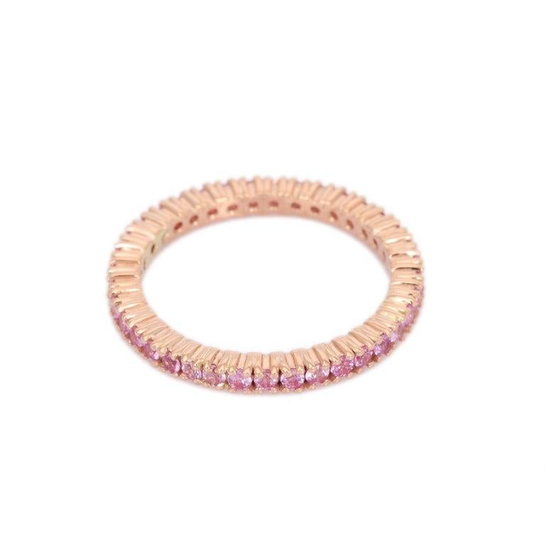 For Sale:  14K Yellow Gold Round Cut Pink Sapphire Birthstone Eternity Band for Women 5