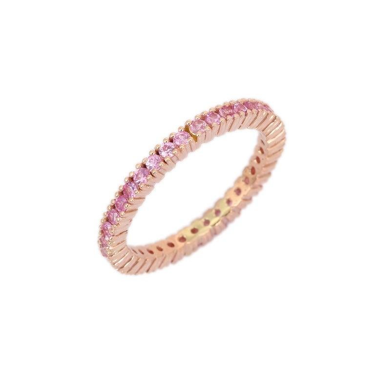 For Sale:  14K Yellow Gold Round Cut Pink Sapphire Birthstone Eternity Band for Women 7
