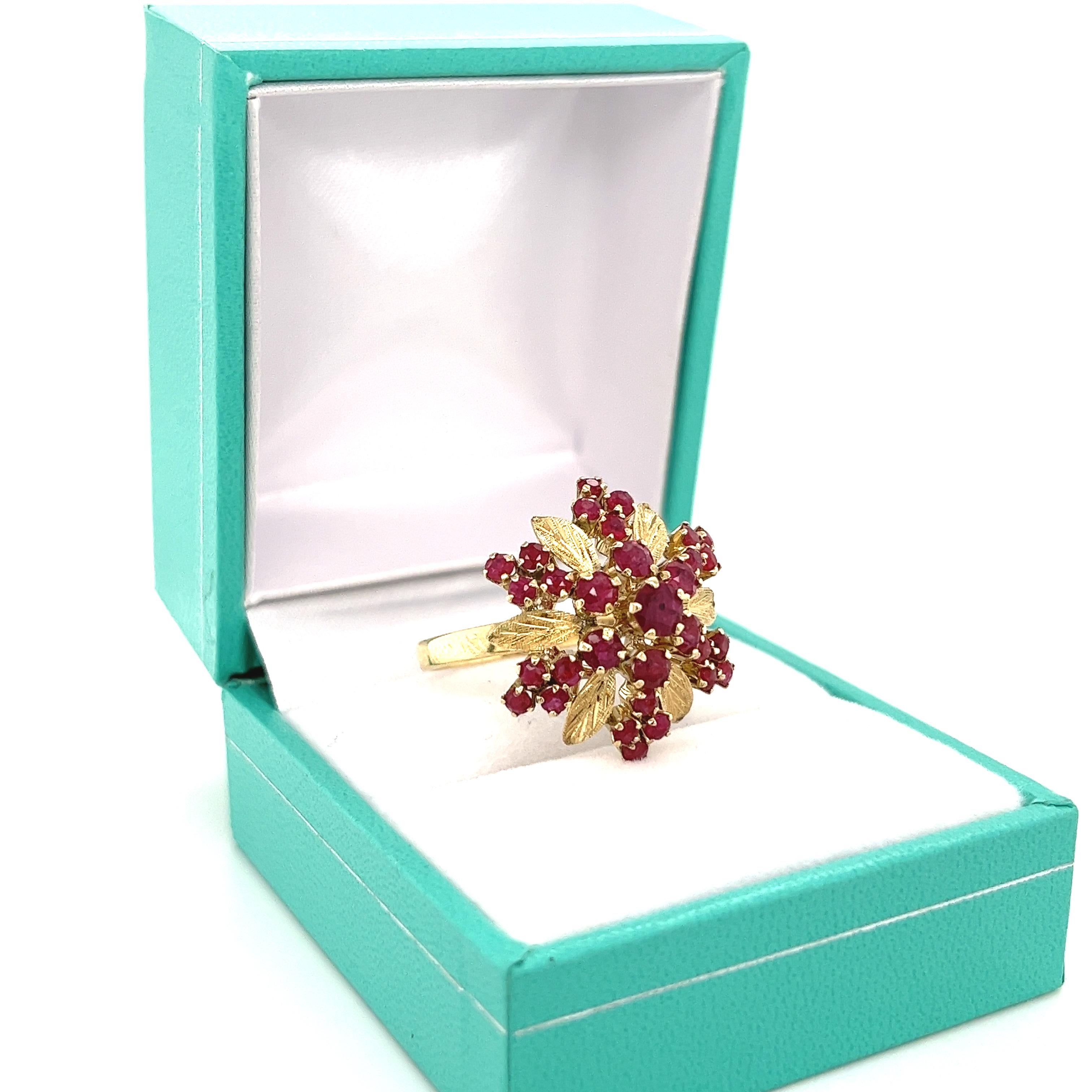 Art Nouveau 14K Yellow Gold Round Cut Ruby Cluster Rose Style Ring with Carved Gold Flowers For Sale