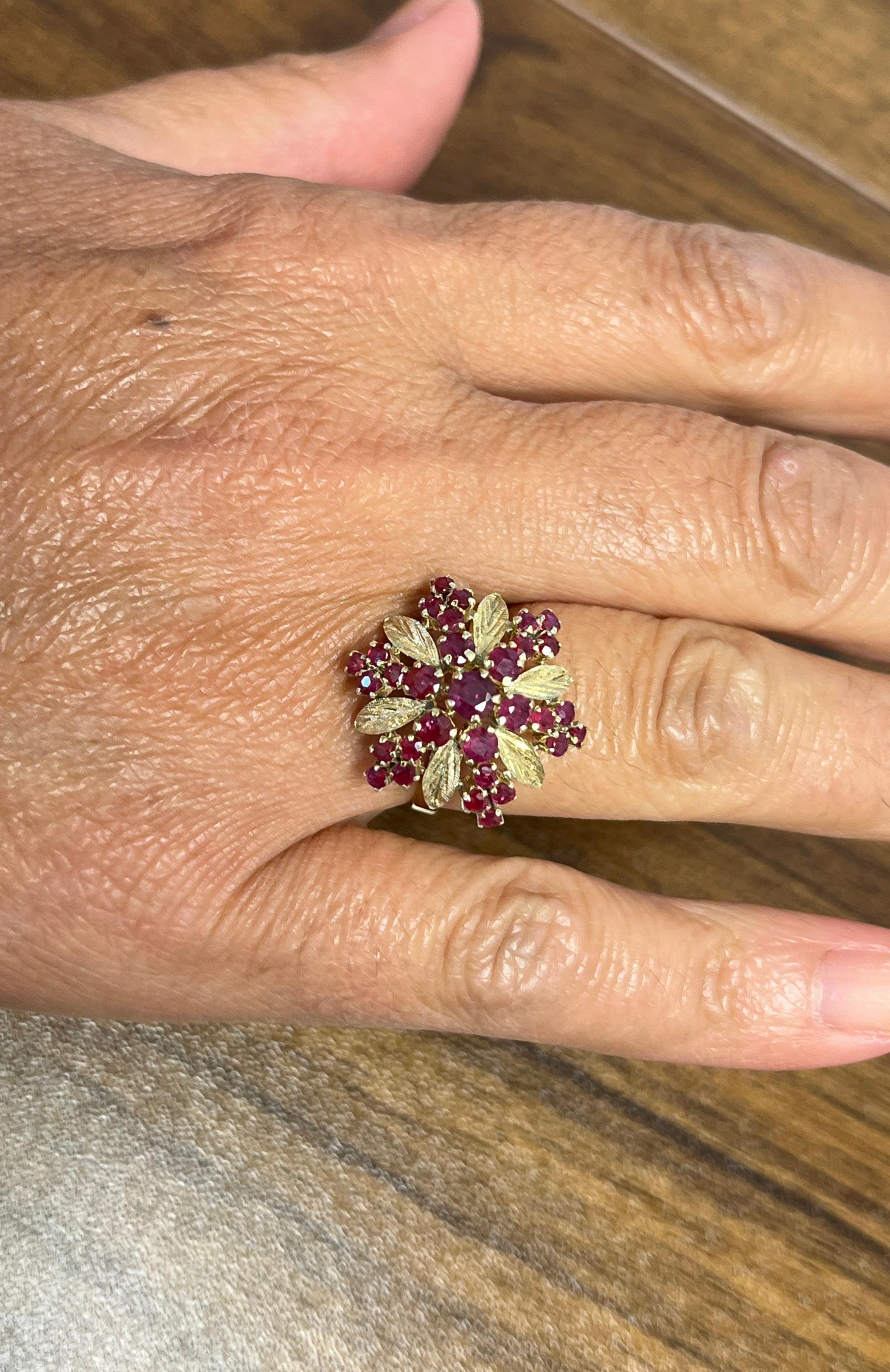 Women's 14K Yellow Gold Round Cut Ruby Cluster Rose Style Ring with Carved Gold Flowers For Sale