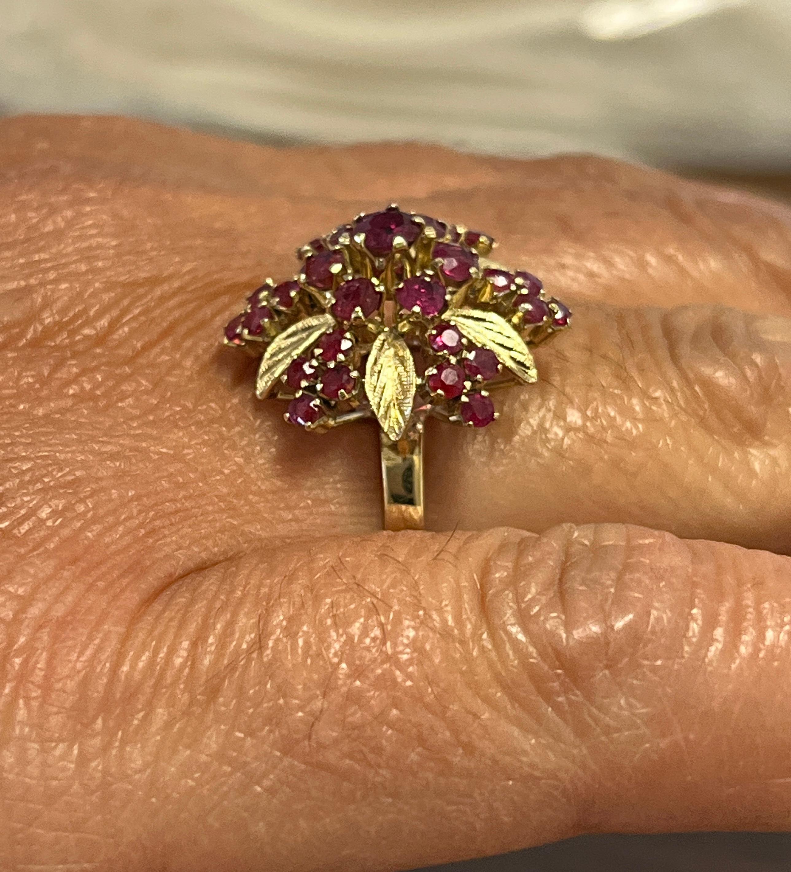 14K Yellow Gold Round Cut Ruby Cluster Rose Style Ring with Carved Gold Flowers For Sale 1