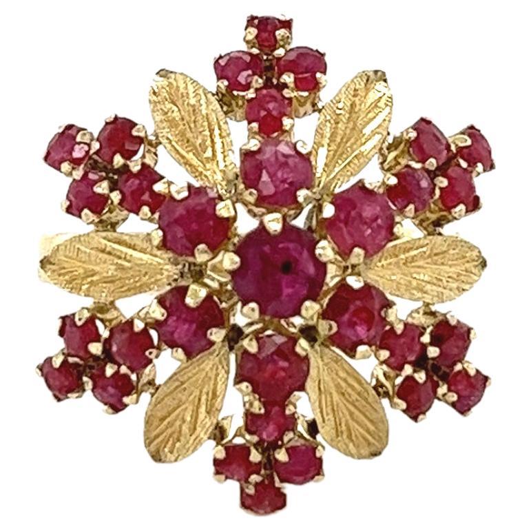 14K Yellow Gold Round Cut Ruby Cluster Rose Style Ring with Carved Gold Flowers For Sale