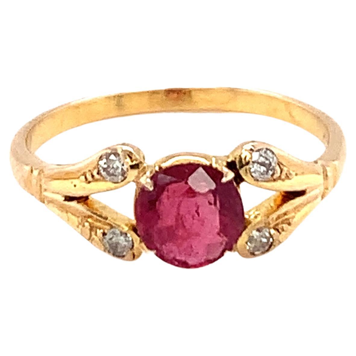 Bague en or jaune 14K, rubis et diamant de taille ronde