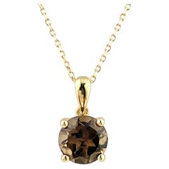 Collar con colgante solitario de cuarzo ahumado de talla redonda en oro amarillo de 14K