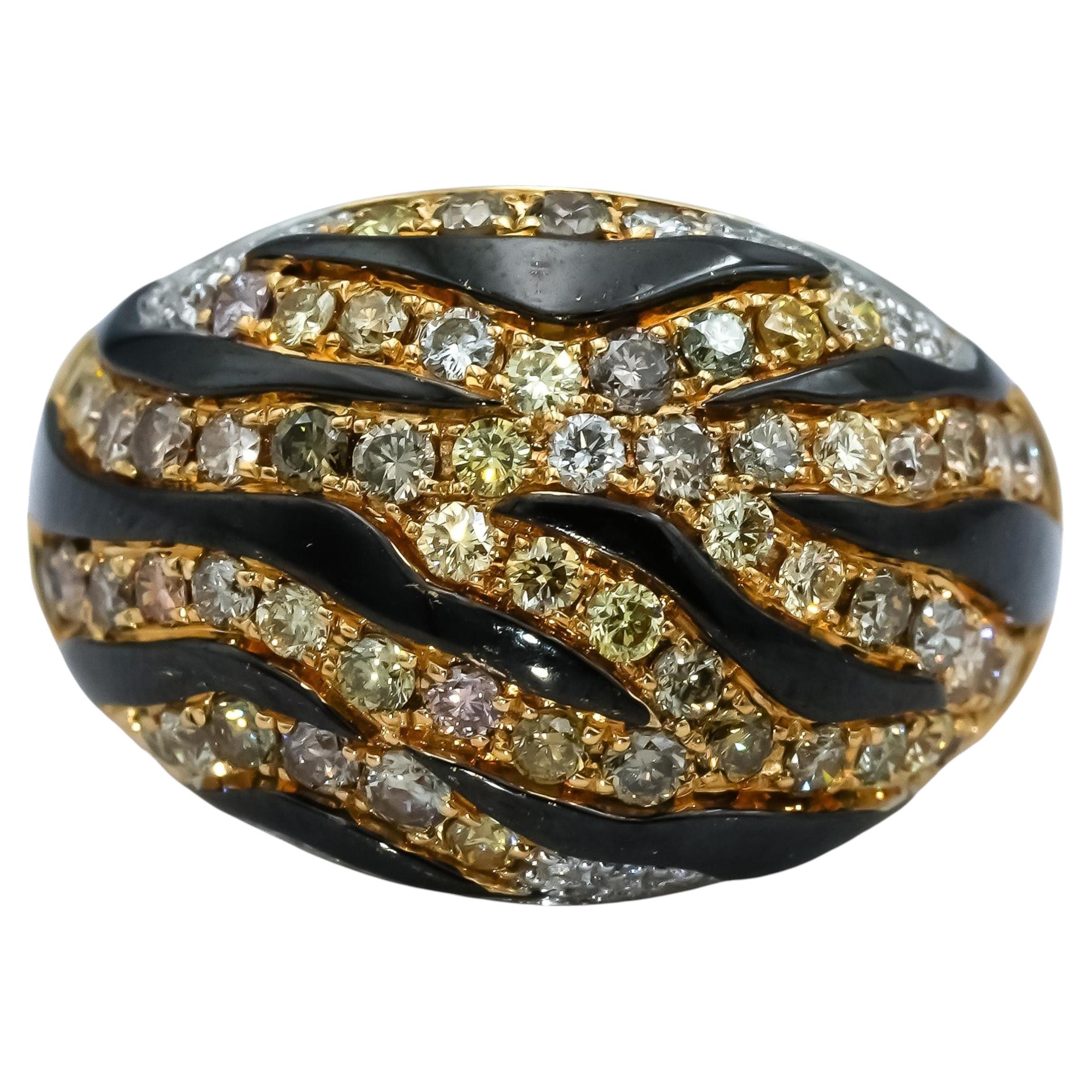 14k Yellow Gold Round Diamond and Enamel Animal Stripe Dome Ring 1.10CT Size 6.5 For Sale