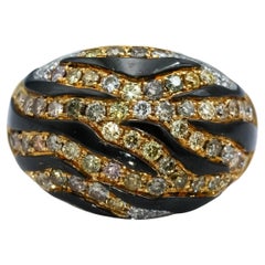 14k Yellow Gold Round Diamond and Enamel Animal Stripe Dome Ring 1.10CT Size 6.5