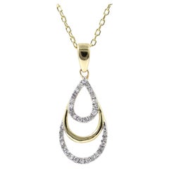 14K Yellow Gold Round Diamond Double Teardrop Pendant Necklace