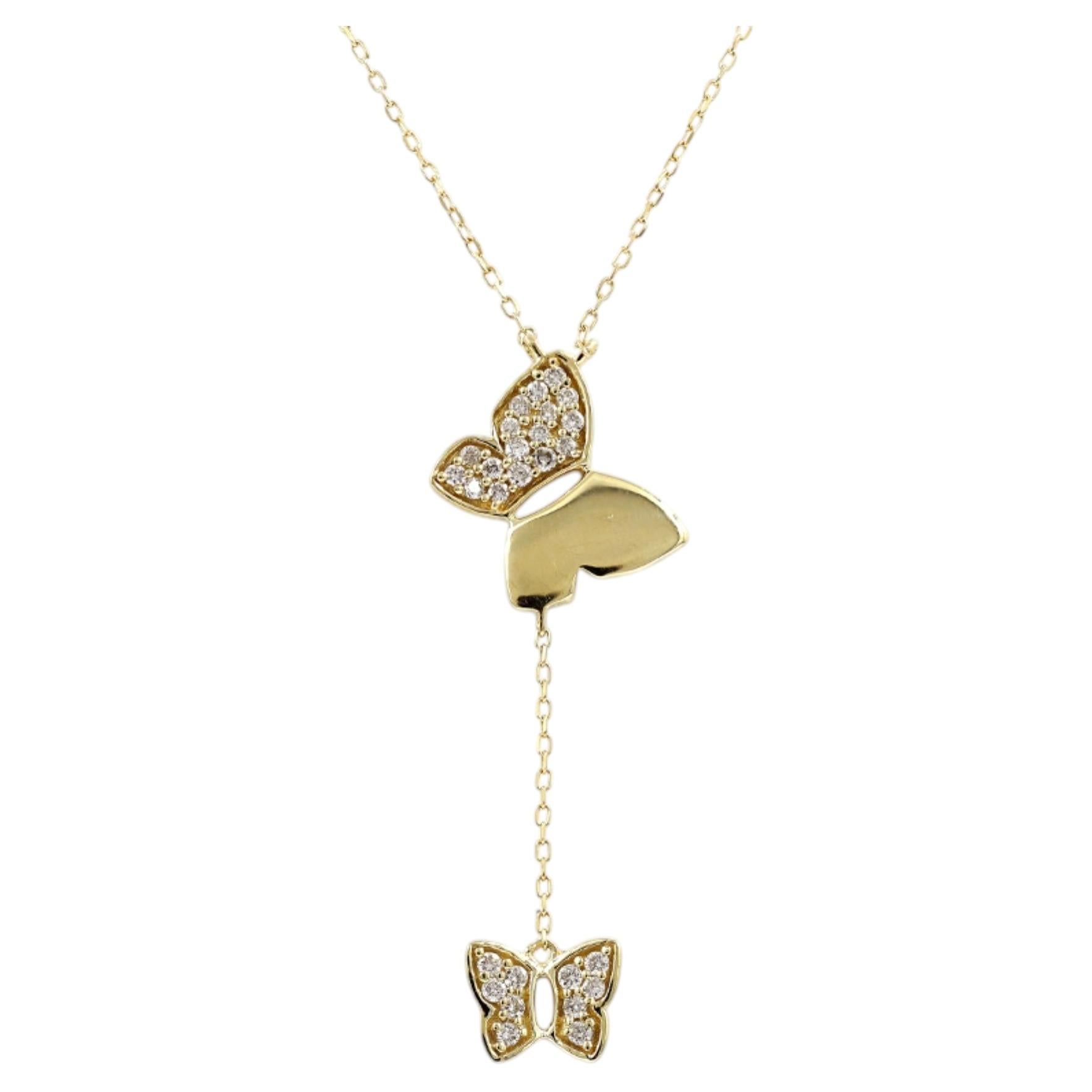 14K Yellow Gold Round Diamond Dual Butterfly Drop Pendant Necklace