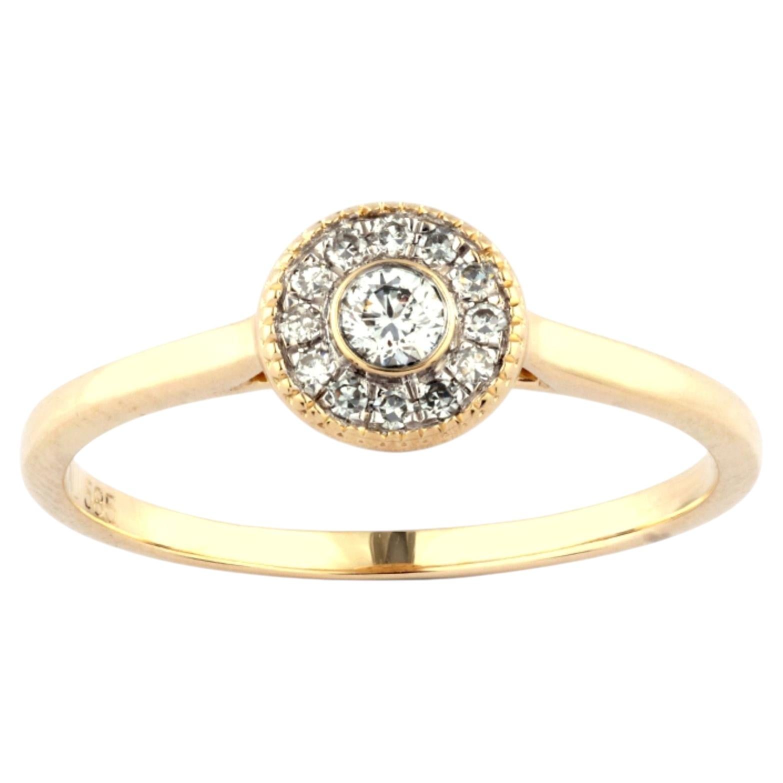 14K Yellow Gold Round Diamond Halo Ring with Milgrain Detailing