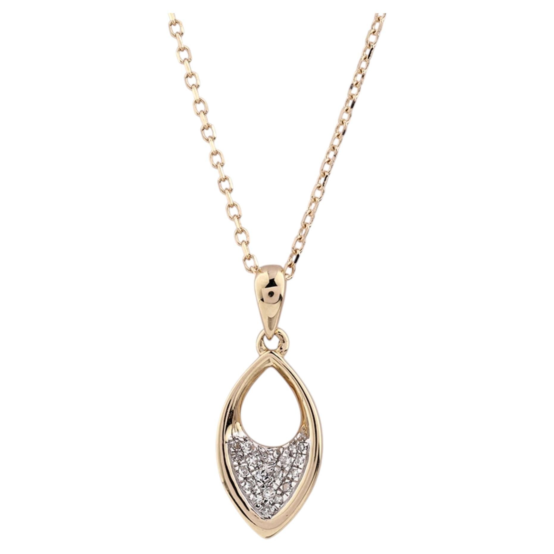 14K Yellow Gold Round Diamond Marquee Shape Pave Teardrop Pendant