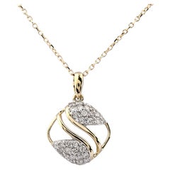 14K Yellow Gold Round Diamond Openwork Swirl Pendant Necklace