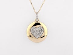 14K Yellow Gold Round Diamond Pave Heart Disc Pendant Necklace
