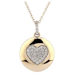 14K Yellow Gold Round Diamond Pave Heart Disc Pendant Necklace