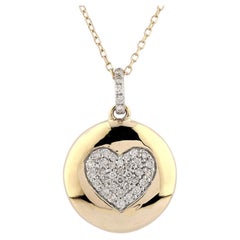 14K Yellow Gold Round Diamond Pave Heart Disc Pendant Necklace