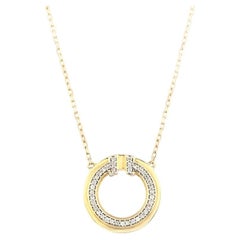 14K Yellow Gold Round Diamond Pave Set Circle Pendant Necklace