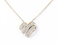 14K Yellow Gold Round Diamond Wave Heart Pendant Necklace