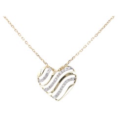 14K Yellow Gold Round Diamond Wave Heart Pendant Necklace