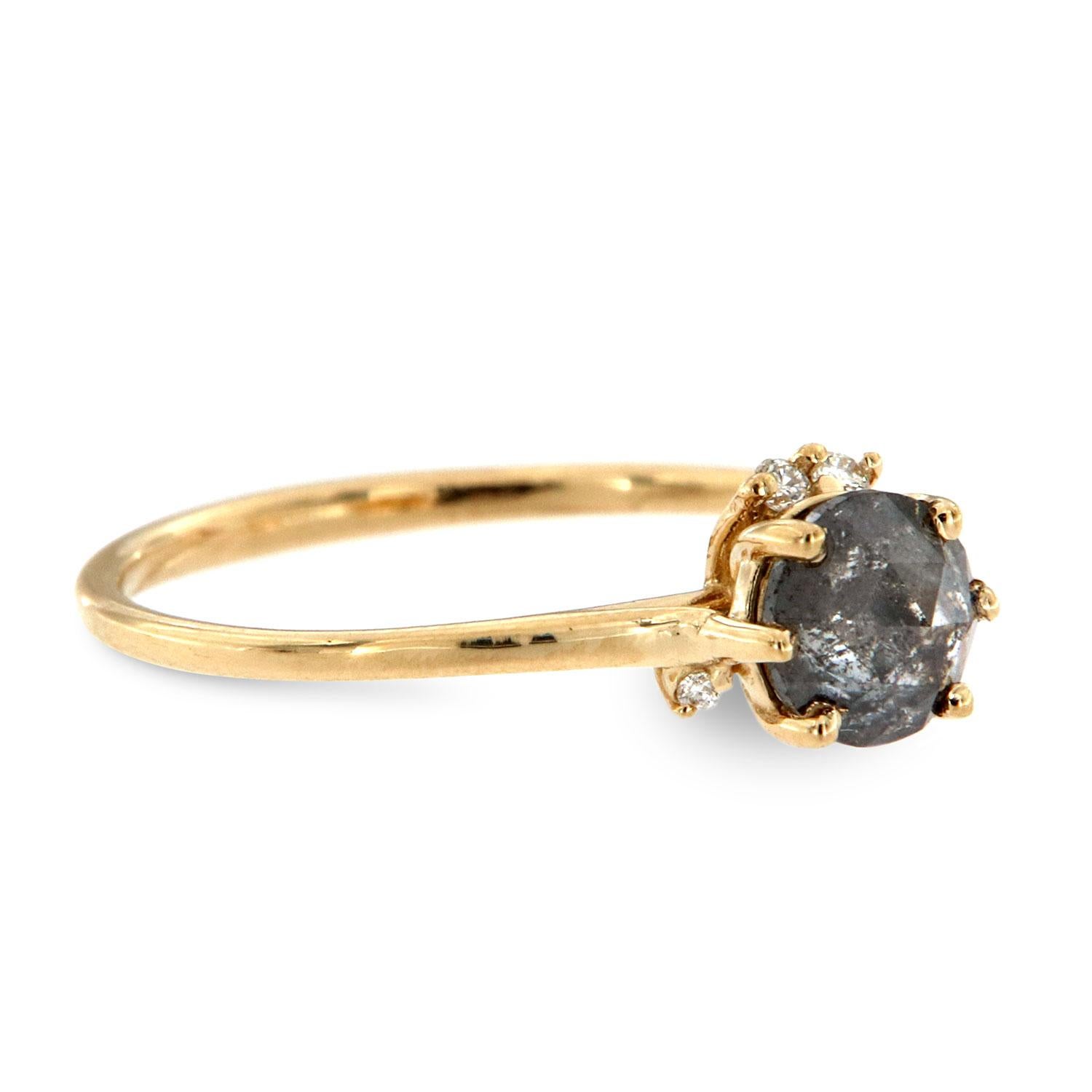 Round Cut 14K Yellow Gold Round Earthy Salt and Pepper Diamond Ring Center: 0.75 Carat For Sale