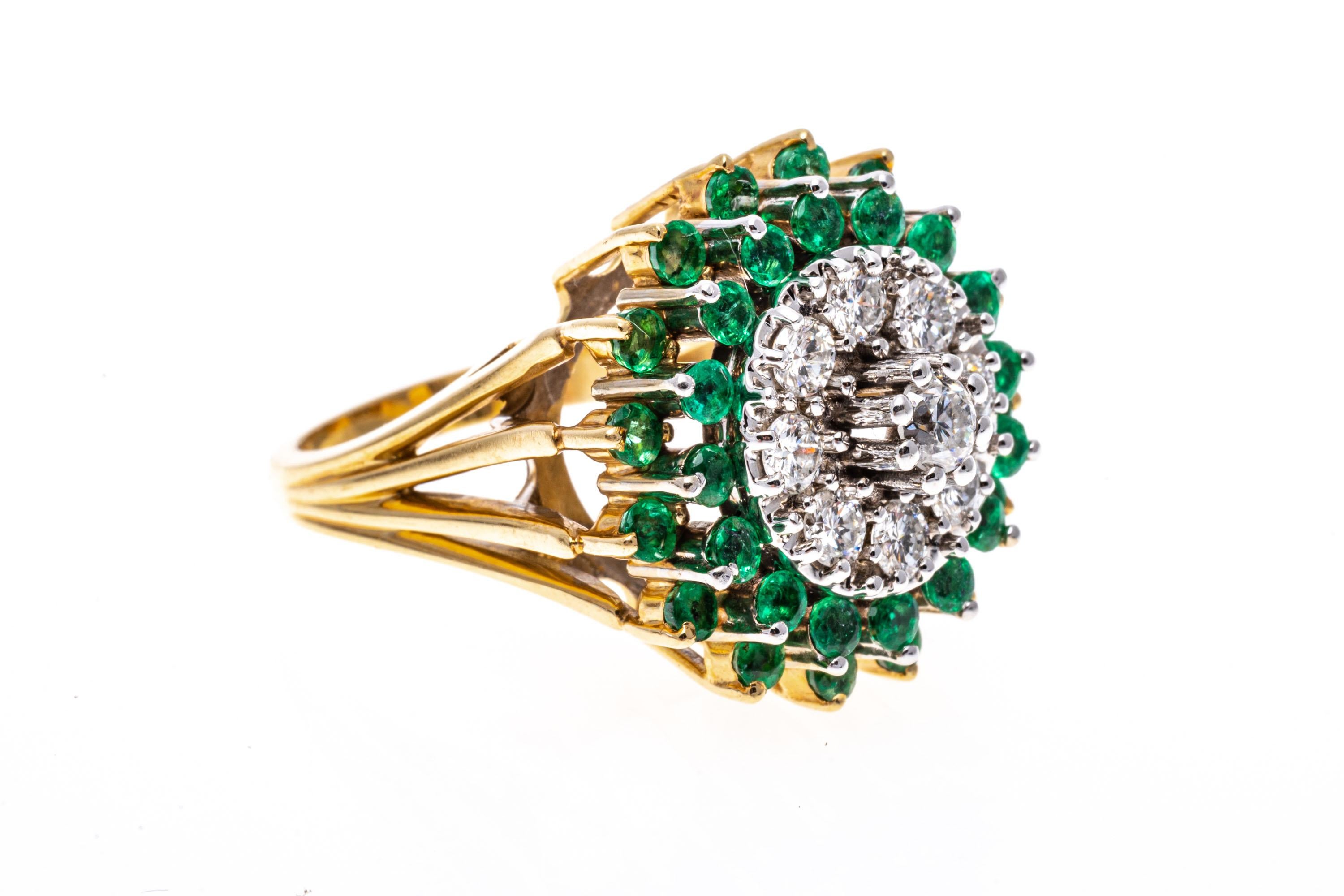 Retro 14k Yellow Gold Round Emerald and Diamond Cluster Cocktail Ring
