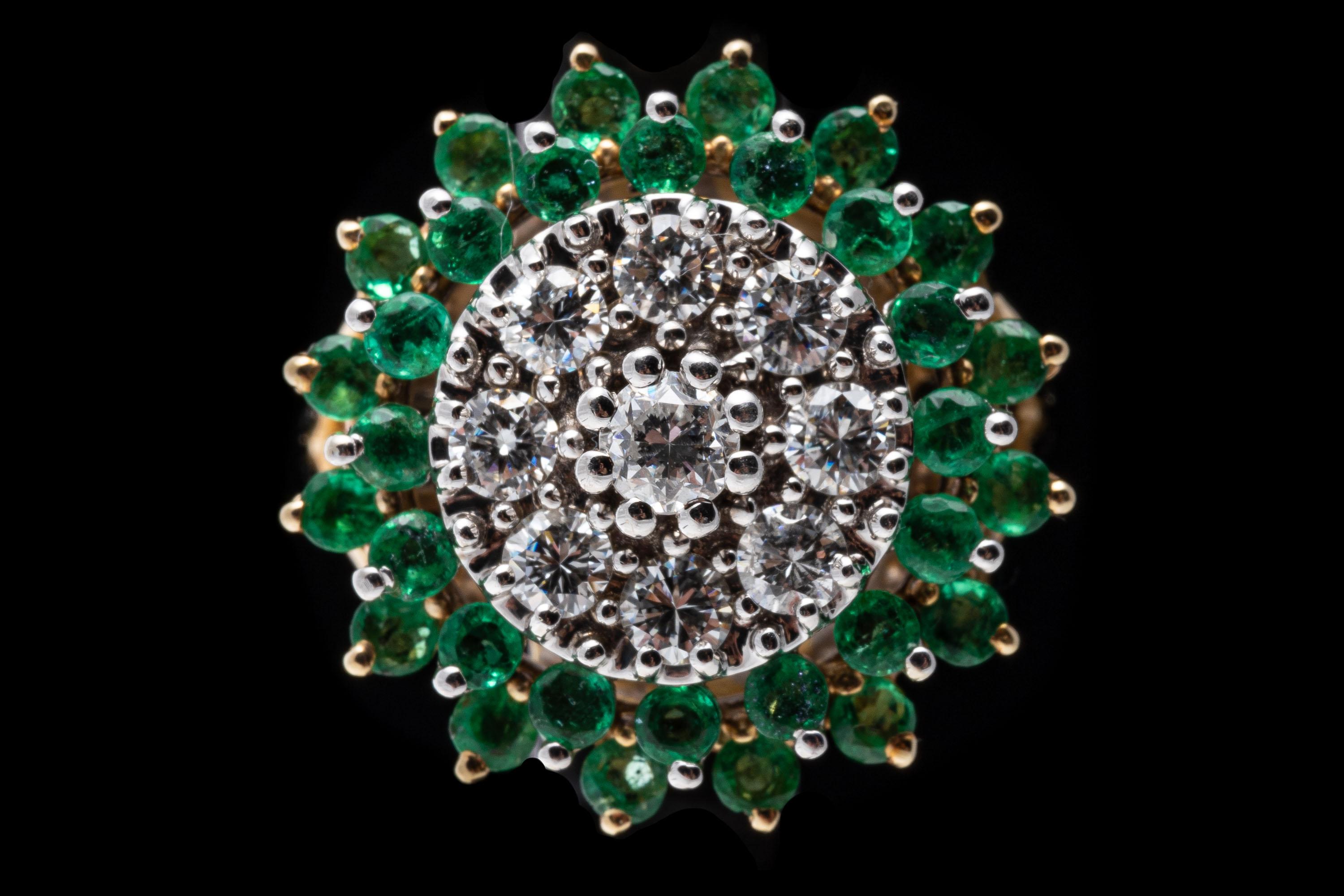 Round Cut 14k Yellow Gold Round Emerald and Diamond Cluster Cocktail Ring