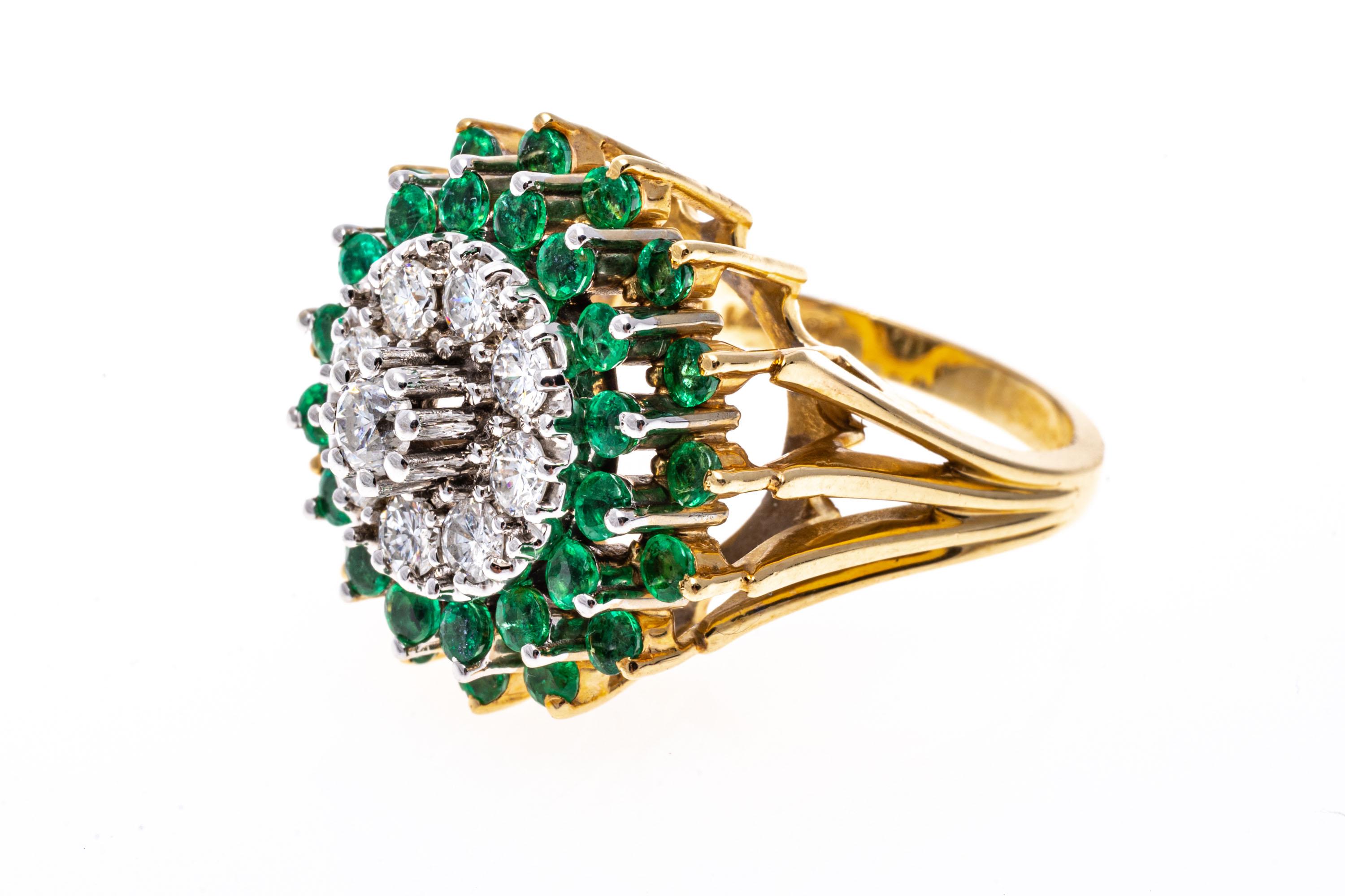 14k Yellow Gold Round Emerald and Diamond Cluster Cocktail Ring In Good Condition In Southport, CT