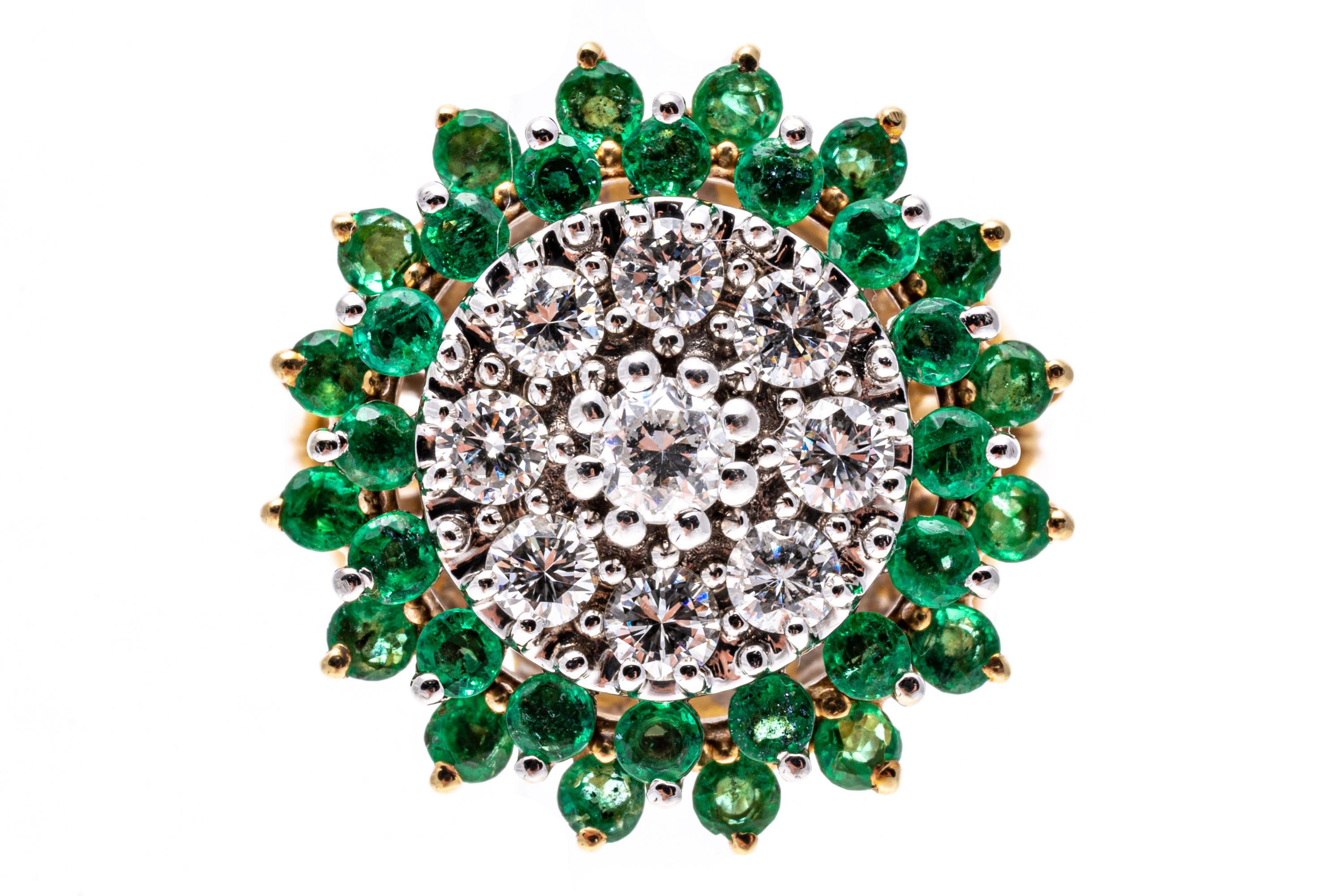 14k Yellow Gold Round Emerald and Diamond Cluster Cocktail Ring 2