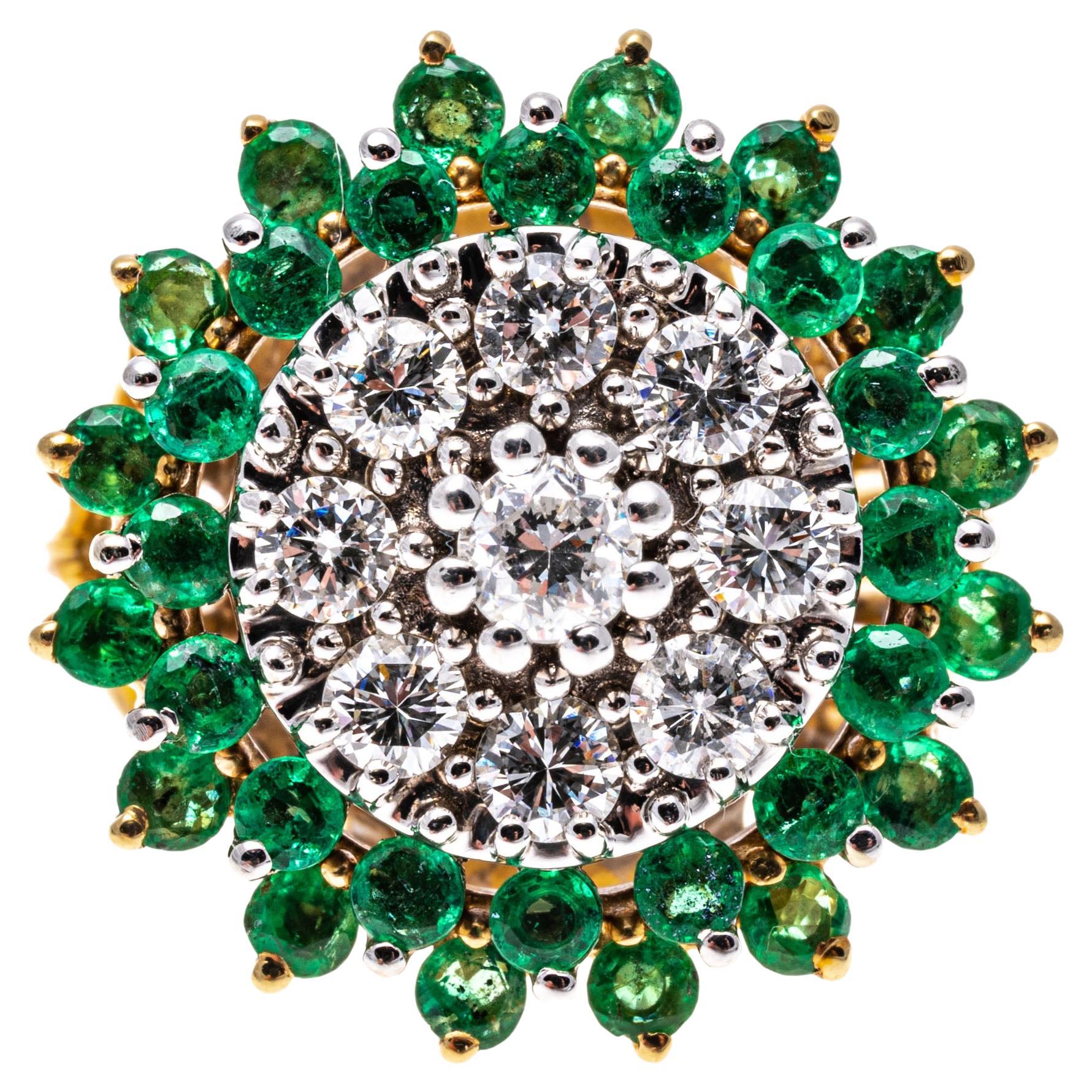14k Yellow Gold Round Emerald and Diamond Cluster Cocktail Ring