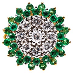 Vintage 14k Yellow Gold Round Emerald and Diamond Cluster Cocktail Ring