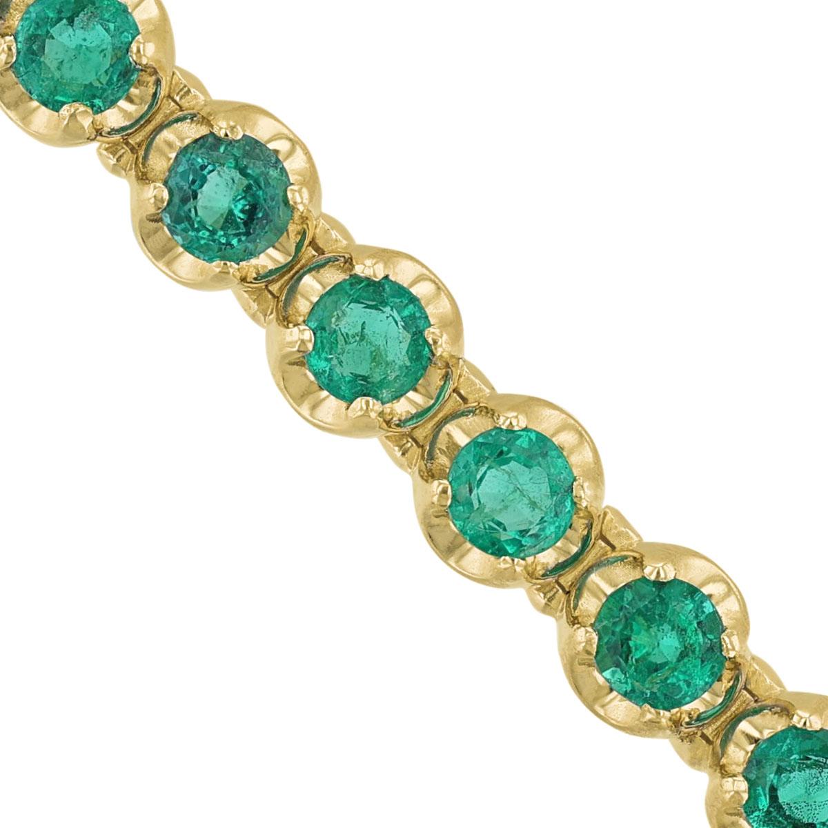 Round Cut 14K Yellow Gold Round Emerald Bracelet, 4.18 Carat For Sale