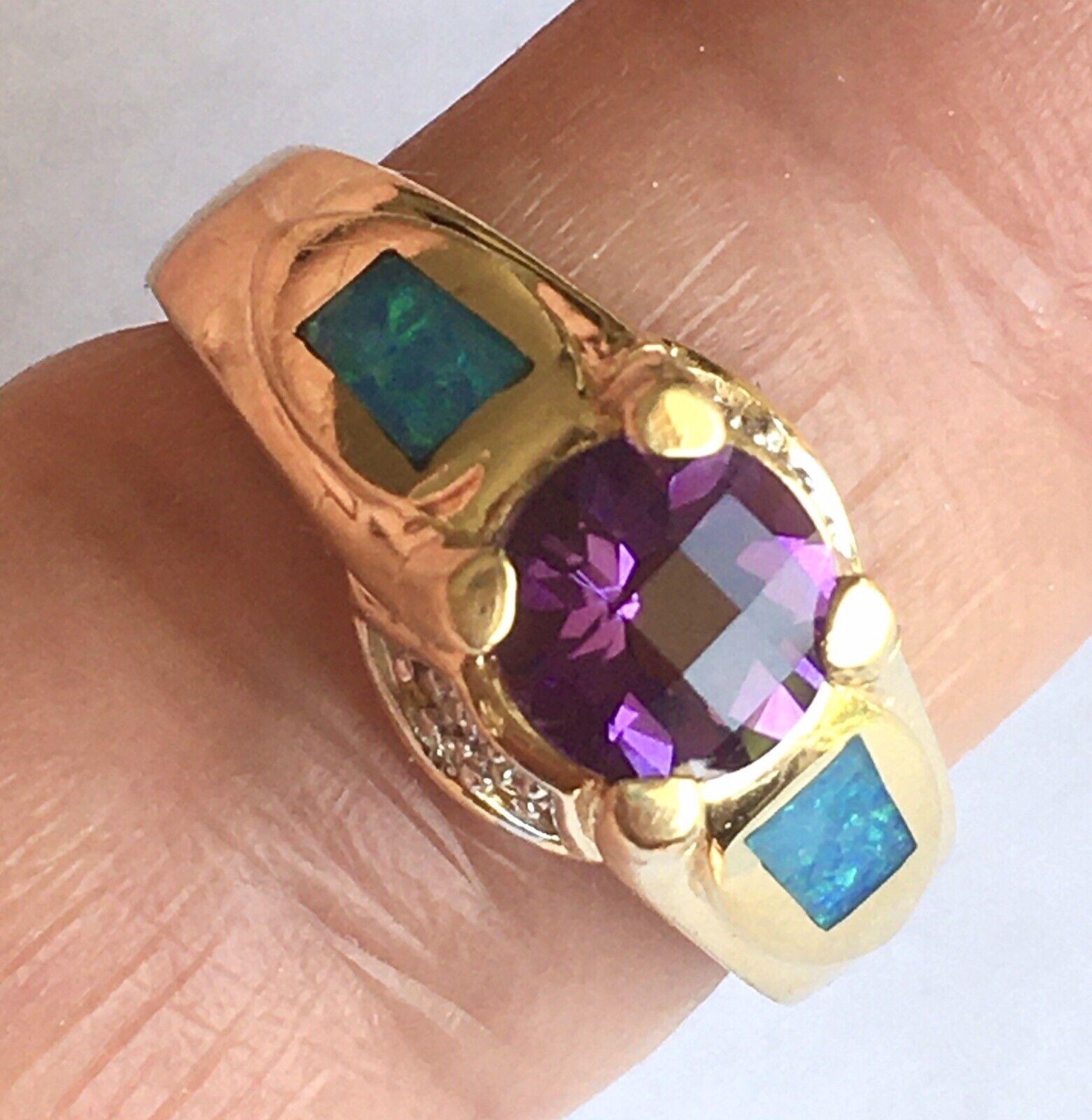 Round Cut 14k Yellow Gold Round Faceted Amethyst, Opal Inlay and Diamond Ring For Sale