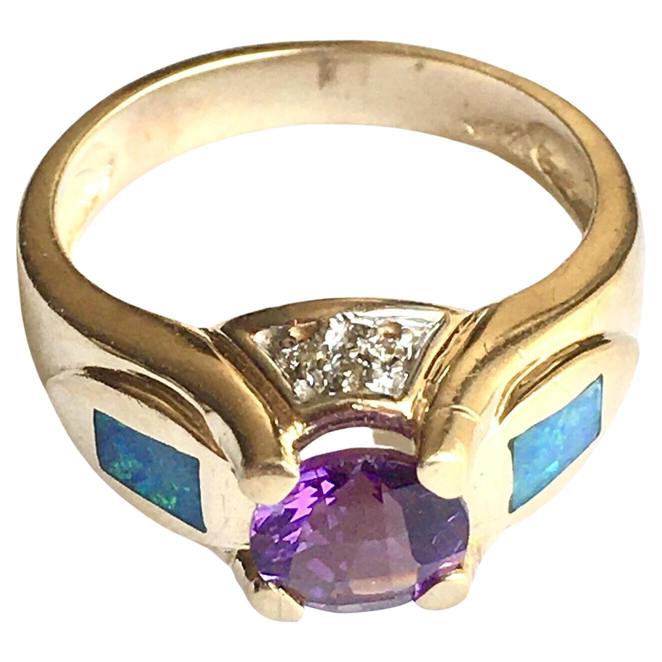 14k Yellow Gold Round Faceted Amethyst, Opal Inlay and Diamond Ring For Sale