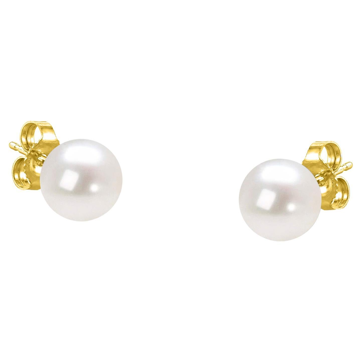 14K Yellow Gold Round Freshwater Akoya Cultured AAA+ Quality Pearl Stud Earrings For Sale