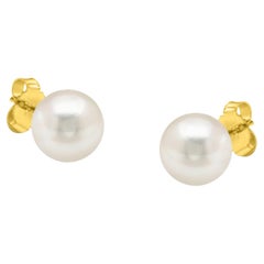 14K Yellow Gold Round Freshwater Akoya Cultured AAA+ Quality Pearl Stud Earrings