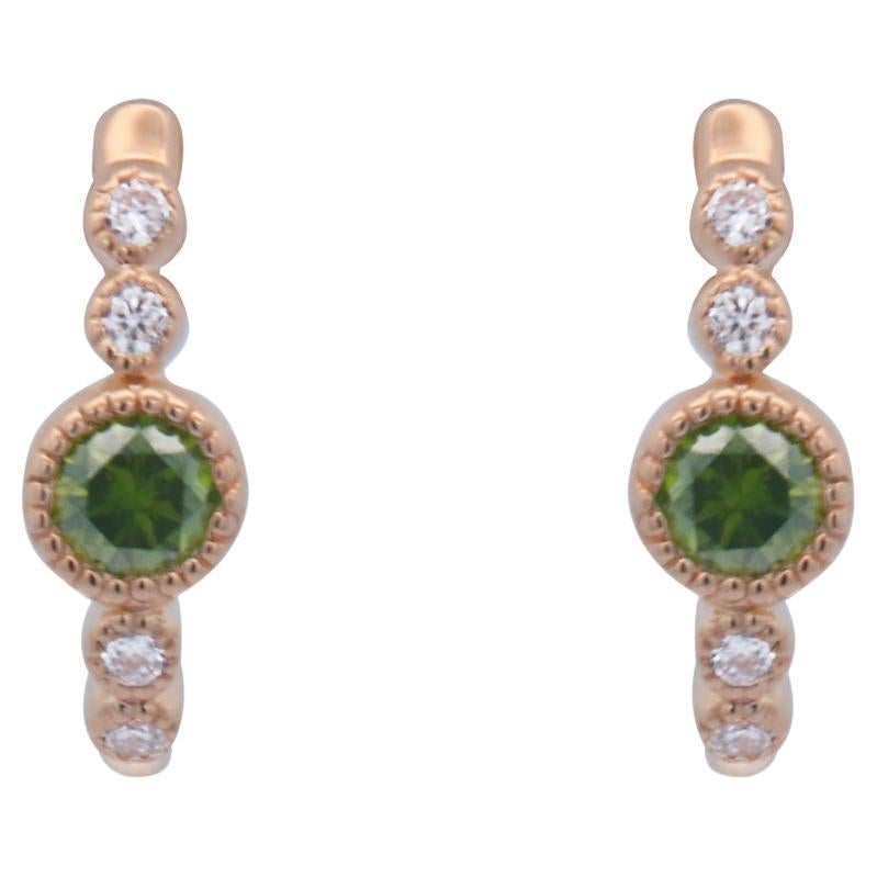14K Yellow Gold Round Green Brilliant Diamond Bezel Set Fashion Earrings  For Sale
