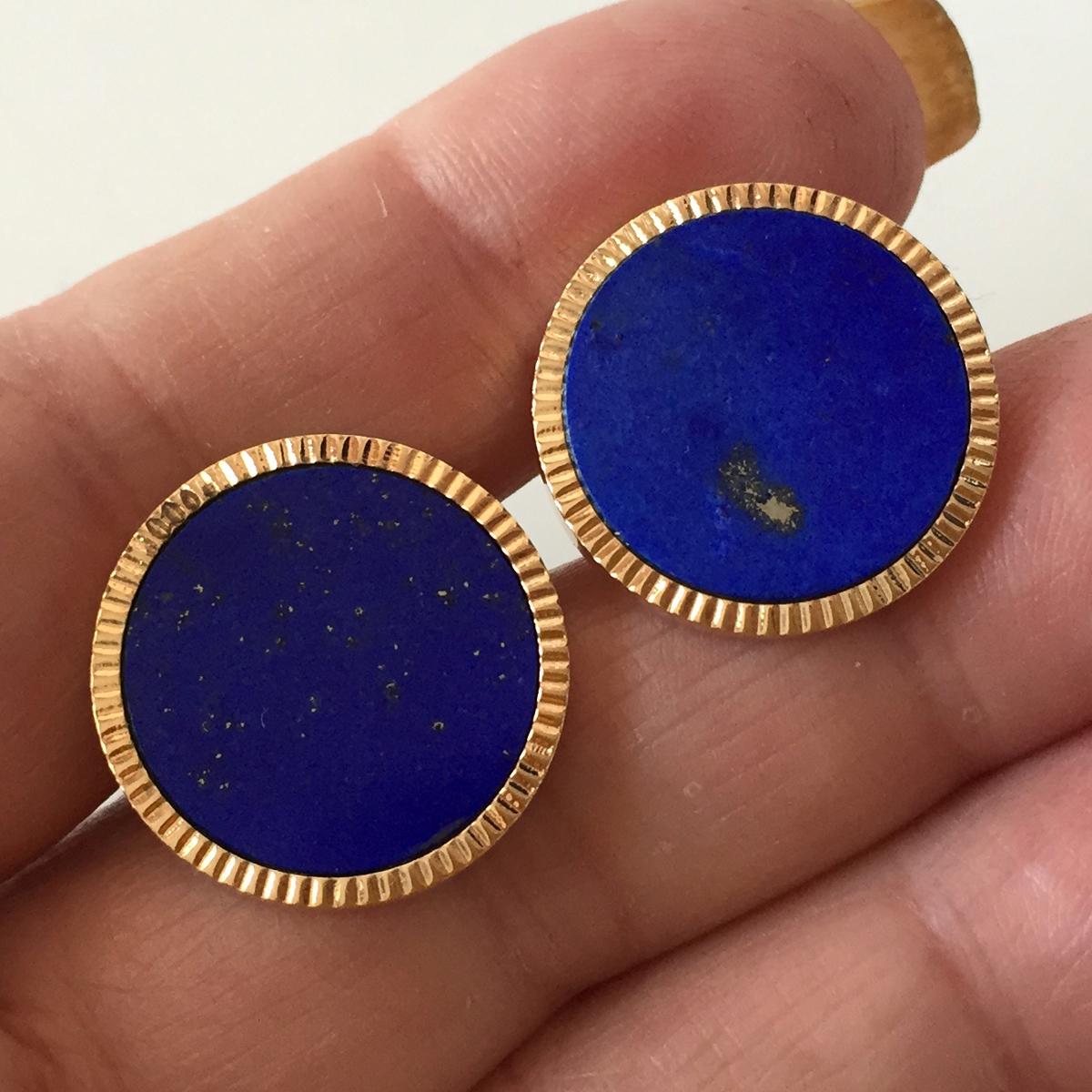 Round Cut 14k yellow gold round Lapis Lazuli cufflinks For Sale