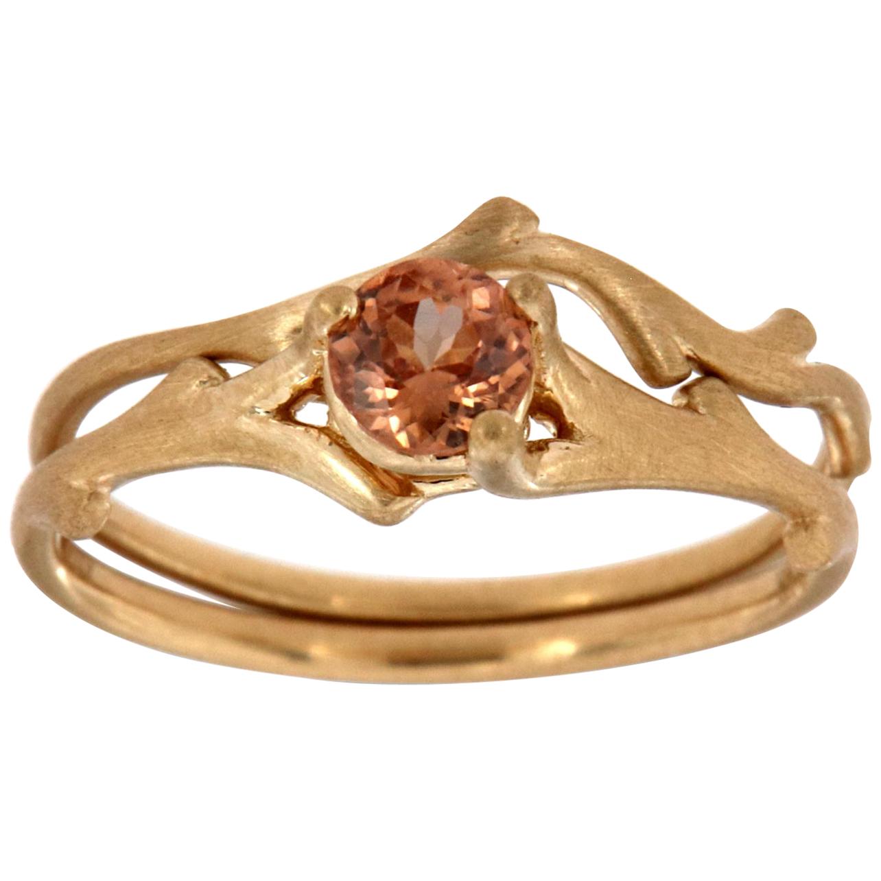14K Yellow Gold Round Peach Sapphire Organic Solitaire Ring 'Center-2/5 Carat' For Sale
