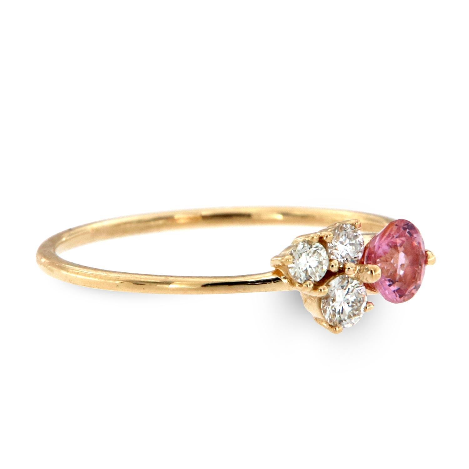 Round Cut 14 Karat Gold Round Pink Sapphire and Diamond Vintage Ring Center, 1/4 Carat For Sale