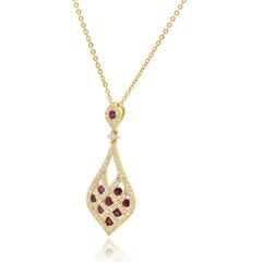 14K Yellow Gold Round Ruby and Diamond Lattice Pendant Necklace 18.0"