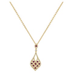 14K Yellow Gold Round Ruby and Diamond Lattice Pendant Necklace 18.0"