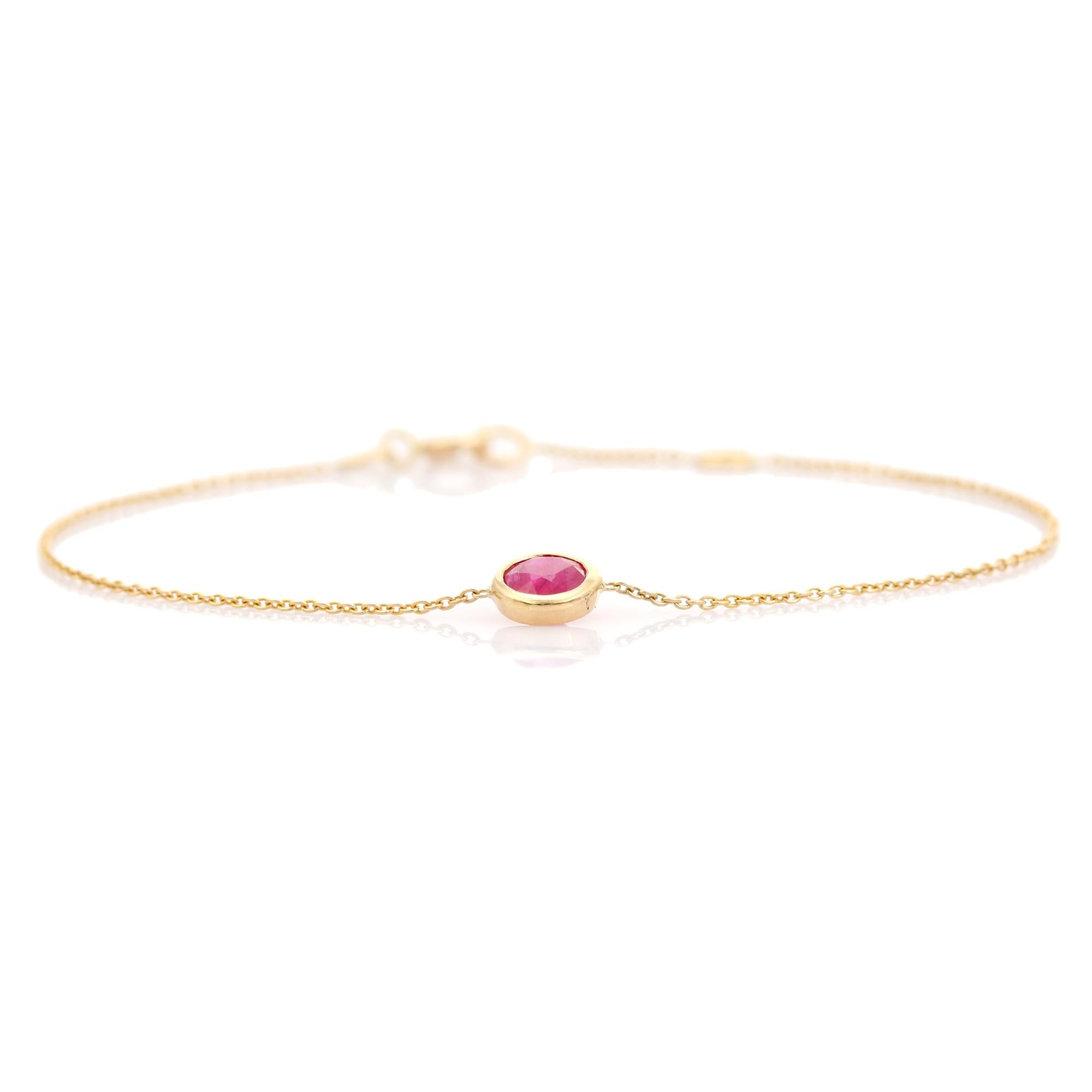 De las mujeres Pulsera de oro amarillo de 14 quilates con cadena redonda de rubíes Joyas hechas a mano de oro amarillo de 14 quilates en venta