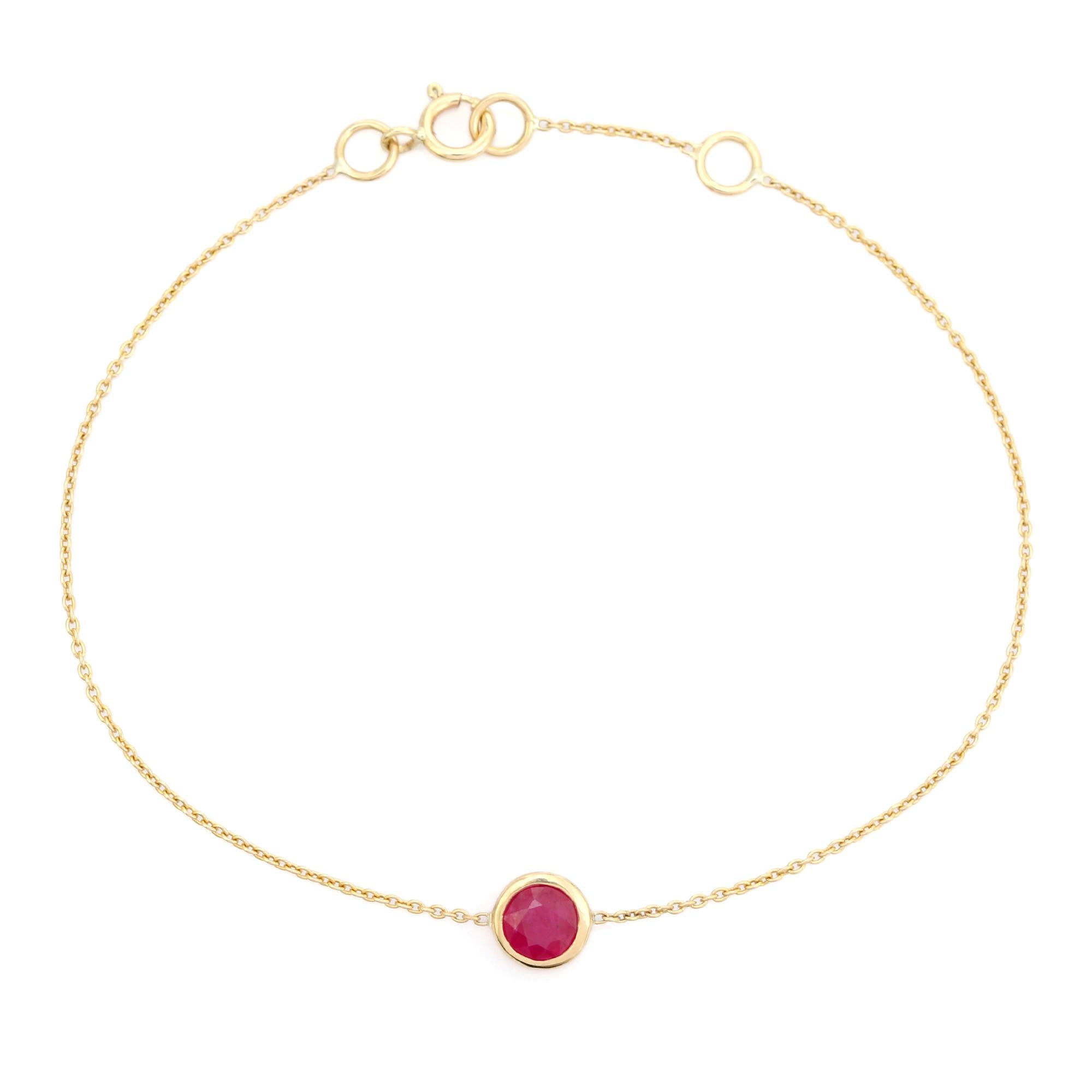 Pulsera de oro amarillo de 14 quilates con cadena redonda de rubíes Joyas hechas a mano de oro amarillo de 14 quilates en venta 2