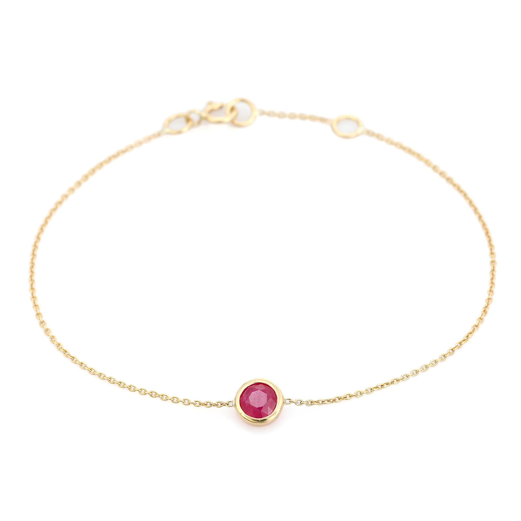 Pulsera de oro amarillo de 14 quilates con cadena redonda de rubíes Joyas hechas a mano de oro amarillo de 14 quilates en venta 3