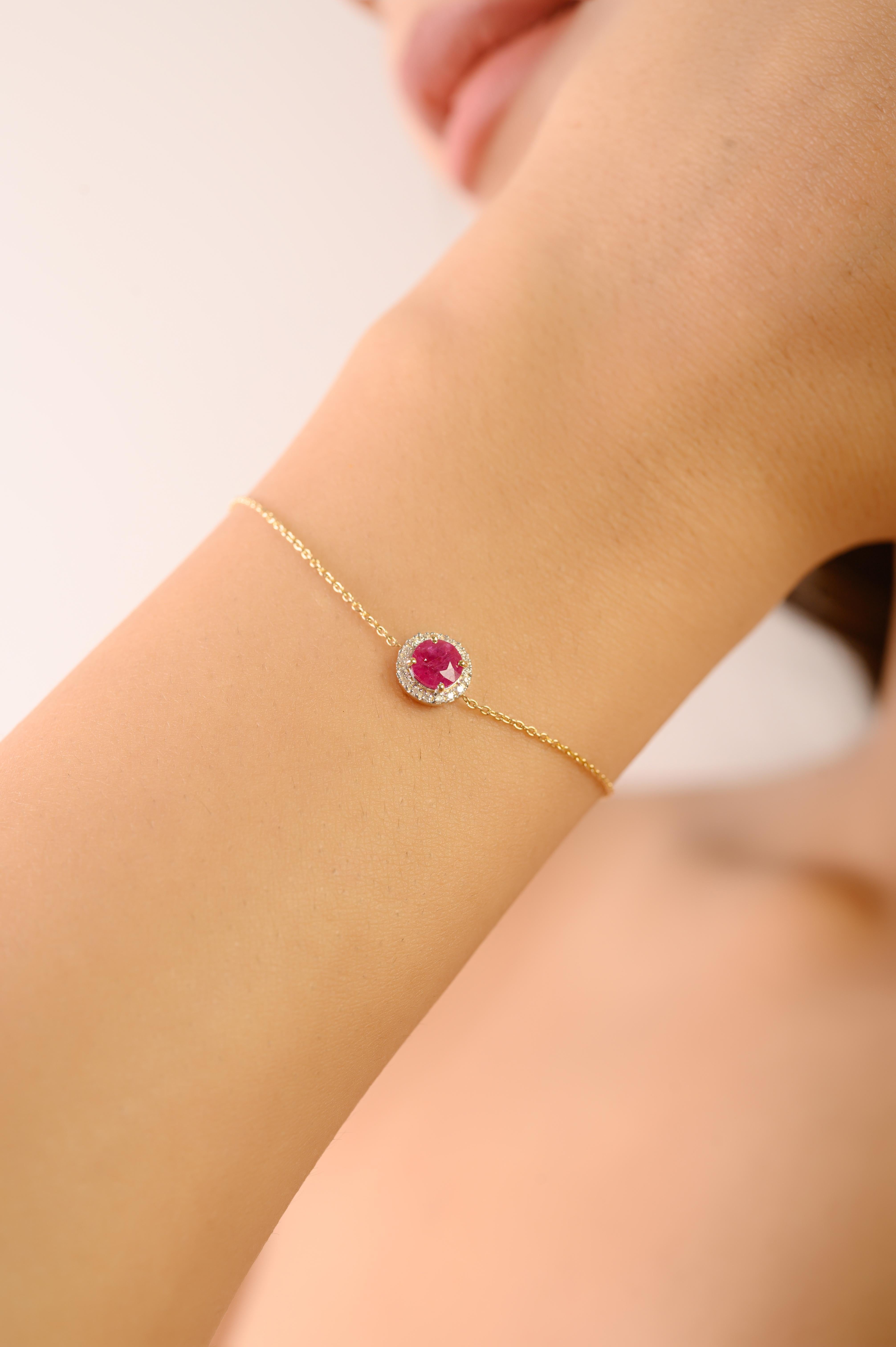 Taglio rotondo Bracciale a catena con rubino rotondo e diamanti in oro giallo 14K Gioielli per tutti i giorni in vendita