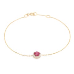 14K Yellow Gold Round Ruby & Diamond Halo Chain Bracelet Everyday Jewelry
